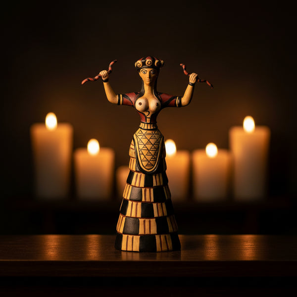 Cretan Snake Goddess statue, front view with raised arms holding snakes