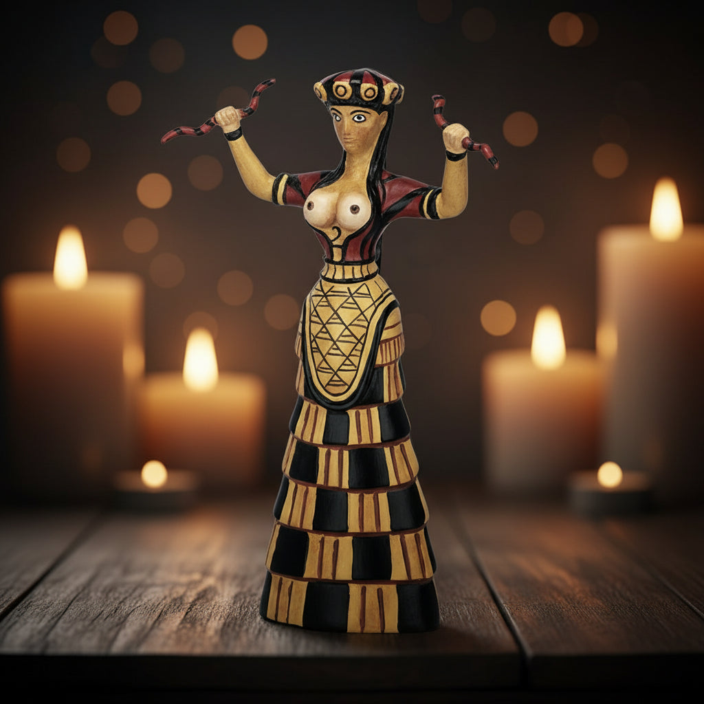 Cretan Snake Goddess statue displayed on a shelf