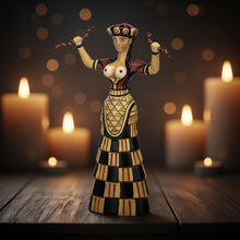 Cretan Snake Goddess statue displayed on a shelf