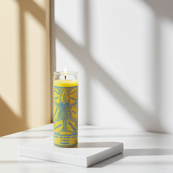 Cross of Caravaca yellow 7 day candle in glass jar for spiritual protection, prayer, and devotional ritual use.