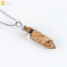 Crystal bullet drop necklace with hexagonal point pendant for layered styling, crystal jewelry wear, and gift use.