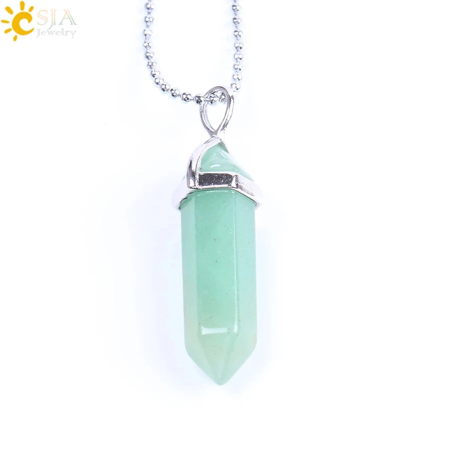 Crystal bullet necklace with hexagonal point pendant for layered looks, casual wear, and spiritual accessory use.