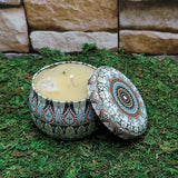 Crystal candle in ritual tin for spiritual cleansing, relaxation, and ritual meditation.
