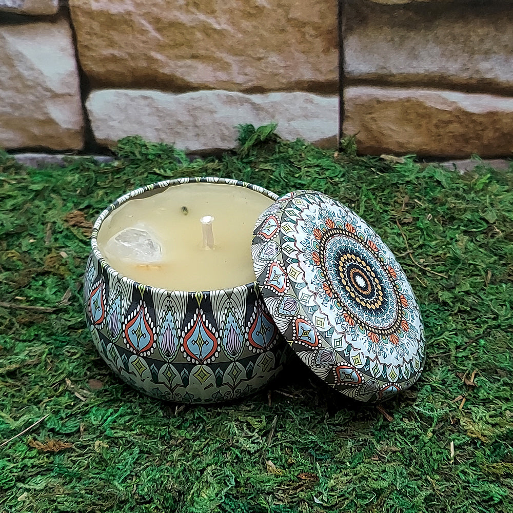 Crystal candle in ritual tin for spiritual cleansing, relaxation, and ritual meditation.