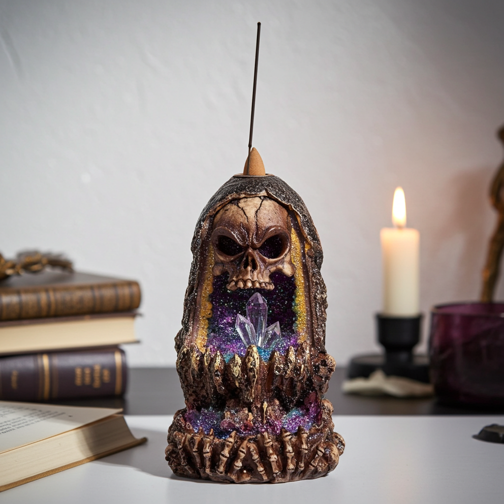 Crystal Cave Skull Backflow Incense Burner resin holder for cone incense burning, relaxation, and decorative spiritual use.