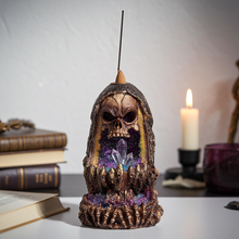 Crystal Cave Skull Backflow Incense Burner resin holder for cone incense burning, relaxation, and decorative spiritual use.