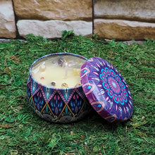 Crystal charged ritual tin candle for manifestation, spiritual cleansing, and altar rituals.