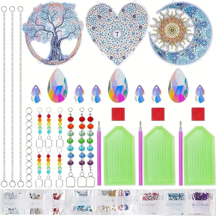 Crystal diamond painting wind chimes double-sided acrylic hanging decor for DIY craft display, window decoration, and outdoor accent use.