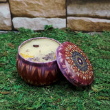 Crystal infused ritual tin candle for cleansing, intention work, and altar rituals.