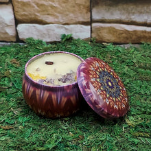 Crystal infused ritual tin candle for cleansing, intention work, and altar rituals.