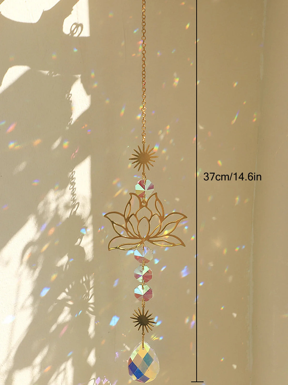 Golden Lotus Crystal Suncatcher hanging decor for home window display, natural light reflection, and serene room decoration.