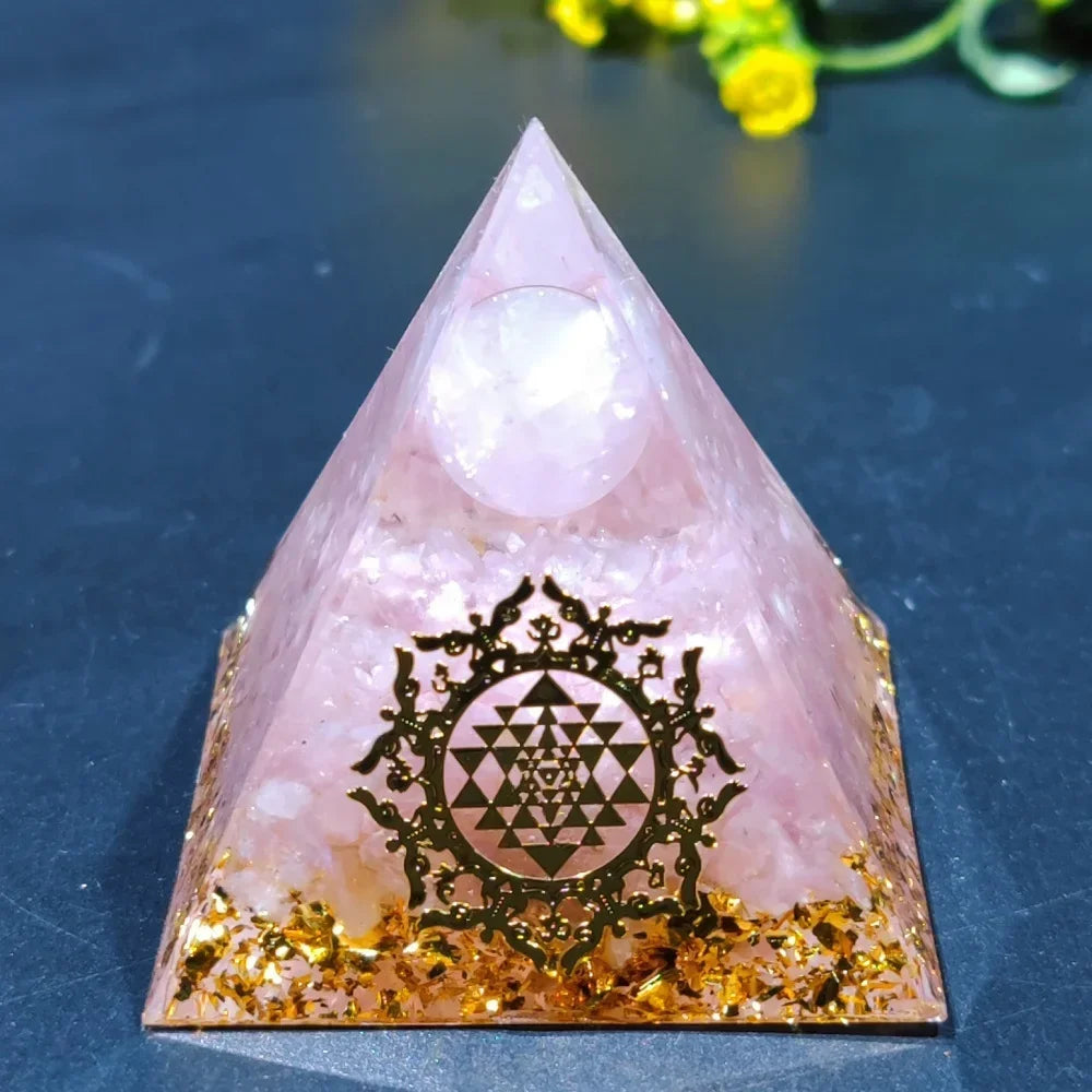 Crystal Orgone Pyramid with Amethyst & Peridot for meditation, energy healing, and home décor.