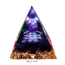 Crystal Orgone Pyramid with Amethyst & Peridot for meditation, energy healing, and home décor.