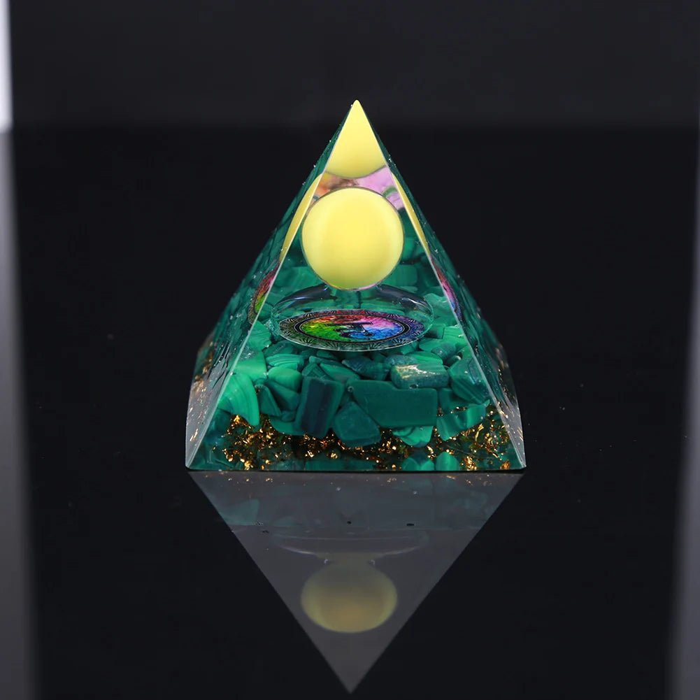 Crystal Orgone Pyramid with Amethyst & Peridot for meditation, energy healing, and home décor.
