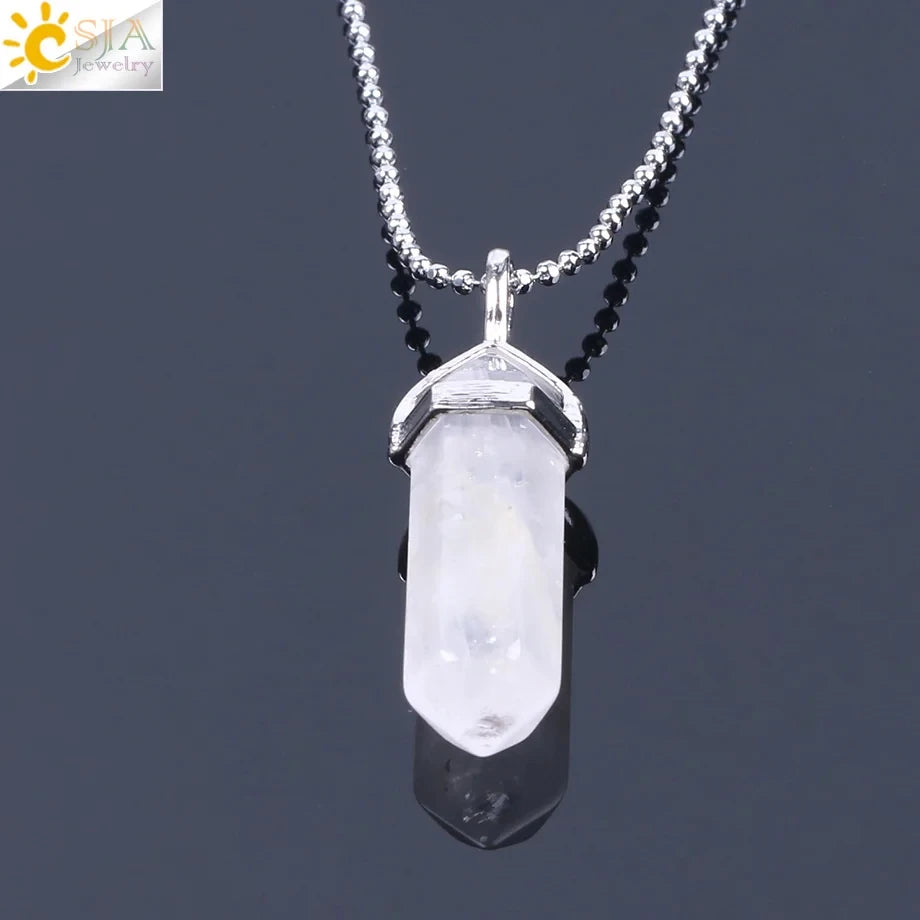 Crystal point charm necklace with hexagonal bullet pendant for personal style, crystal accessory wear, and daily use.