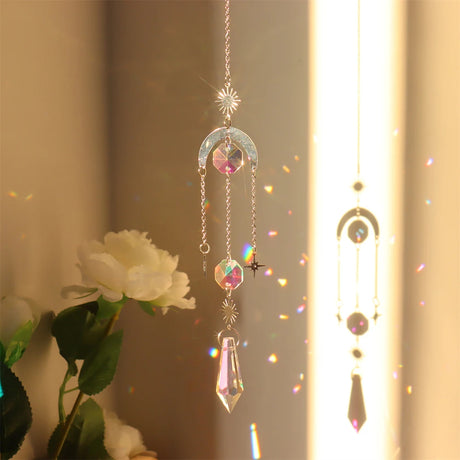 Crystal Prism Sun Catcher Wind Chime hanging crystal decoration for window use, sun reflection, and bright room accents.