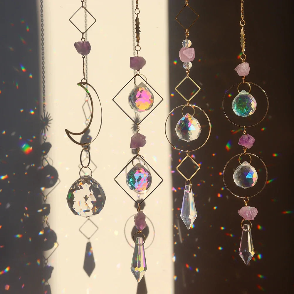 Crystal prism rainbow suncatcher with octagon bead chain for brightening windows, reflecting light, and decorative indoor display.