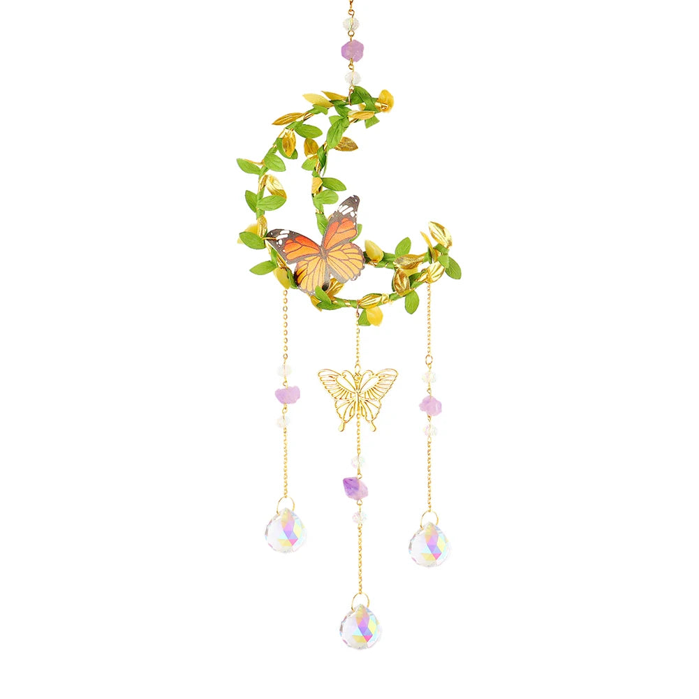 Crystal prism sun catcher wind chime decor with sparkling hanging prisms for rainbow reflections, sunlit room accents, and ornamental home use.