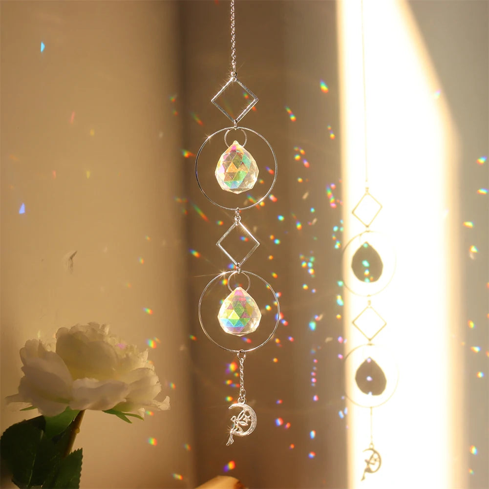 Crystal prism sun catcher wind chime hanging ornament for home windows, rainbow casting, and elegant decorative accent use.