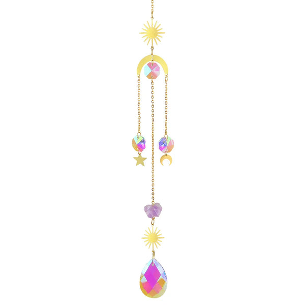 Crystal Prism Sun Catcher & Wind Chime hanging decor with crystal prisms for catching sunlight, reflecting rainbow light, and adding peaceful window decoration.