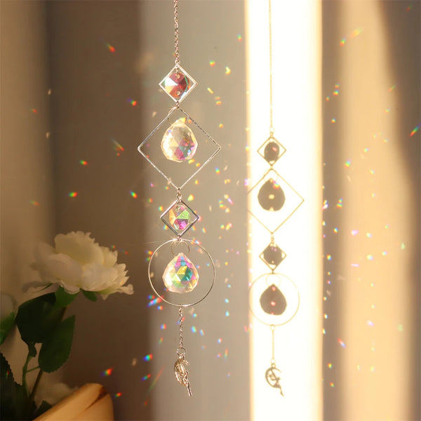 Crystal Prism Sun Catcher Wind Chime hanging decor for catching sunlight, reflecting rainbow light, and brightening indoor spaces.