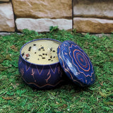 Crystal ritual tin candle for intention setting, altar work, and ceremonial practice.