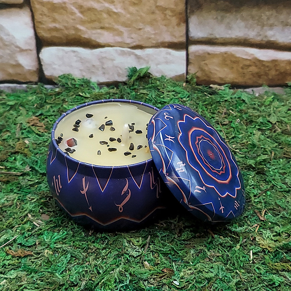 Crystal ritual tin candle for intention setting, altar work, and ceremonial practice.