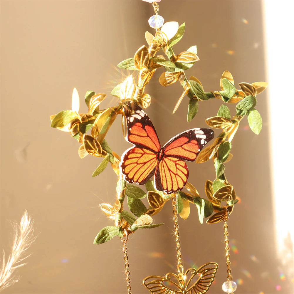 Crystal suncatcher wind chime rainbow maker with clear prism drops for reflecting sunlight, creating indoor rainbow effects, and patio decoration.