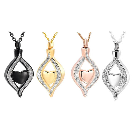 Crystal Teardrop Heart Urn Pendant necklace for holding memorial ashes and remembrance wear.