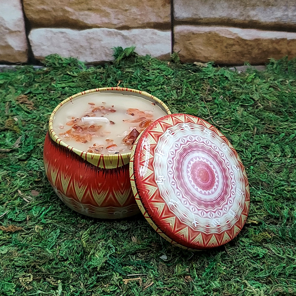 Crystal topped ritual tin candle for intention setting, spiritual focus, and ritual practice.