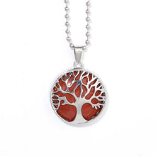 Crystal Tree of Life Red Jasper pendant with chain for gemstone jewelry use, grounding energy, and gift giving.