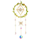 Crystal wind chime with rainbow maker prisms for catching sunlight, producing colorful reflections, and decorative use in windows, balconies, or gardens.