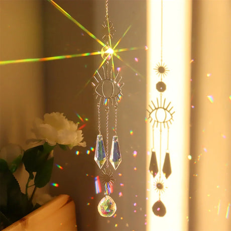 Crystal wind chimes dream catcher prism sun catcher hanging decor for catching sunlight, creating rainbow reflections, and peaceful home decoration.