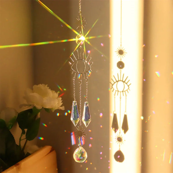 Crystal wind chimes dream catcher prism sun catcher hanging decor for catching sunlight, creating rainbow reflections, and peaceful home decoration.