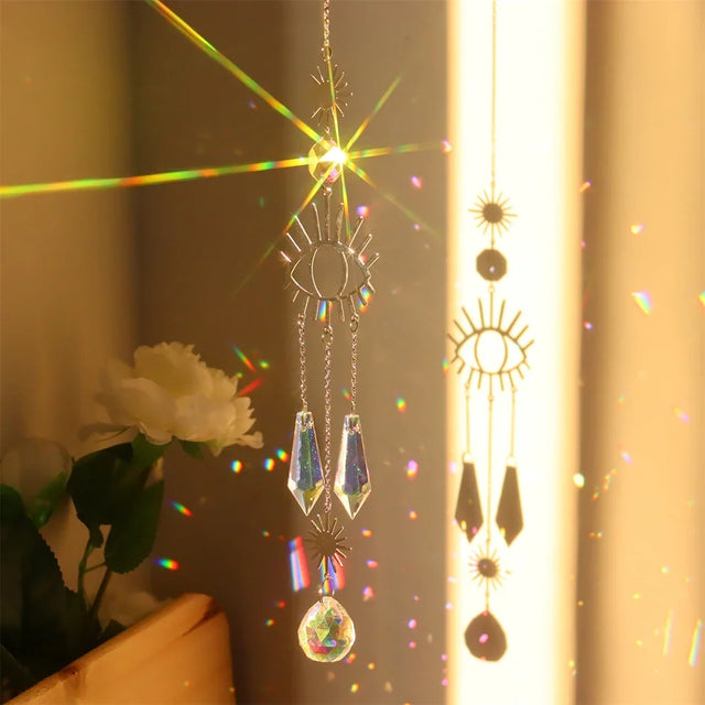 Crystal wind chimes dream catcher prism sun catcher hanging decor for catching sunlight, creating rainbow reflections, and peaceful home decoration.