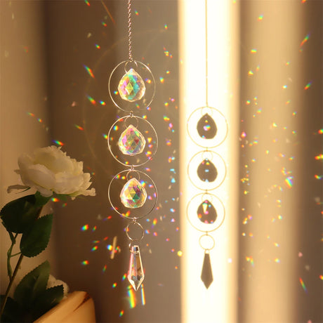 Crystal Prism Sun Catcher Wind Chime hanging decor for brightening windows, scattering sunlight, and enhancing room ambiance.