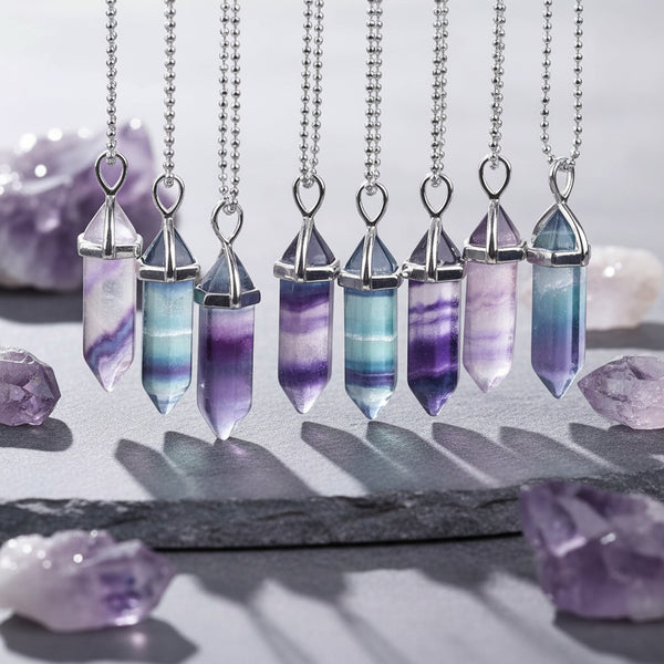 CSJA Fluorite hexagonal crystal pendant necklace for spiritual wear, crystal healing, and everyday styling.