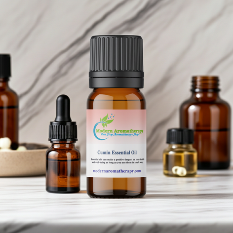Cumin seed essential oil bottle for essential oil blending, diffuser use, and topical dilution.