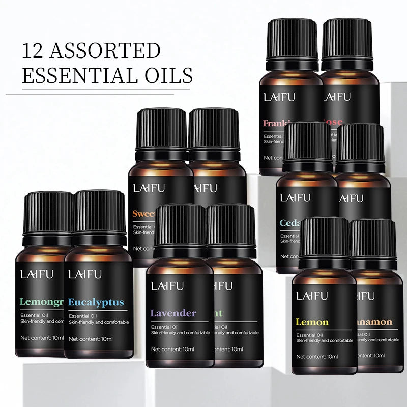 LAIFU essential oil gift box closed, showing the twelve-bottle set packaging.