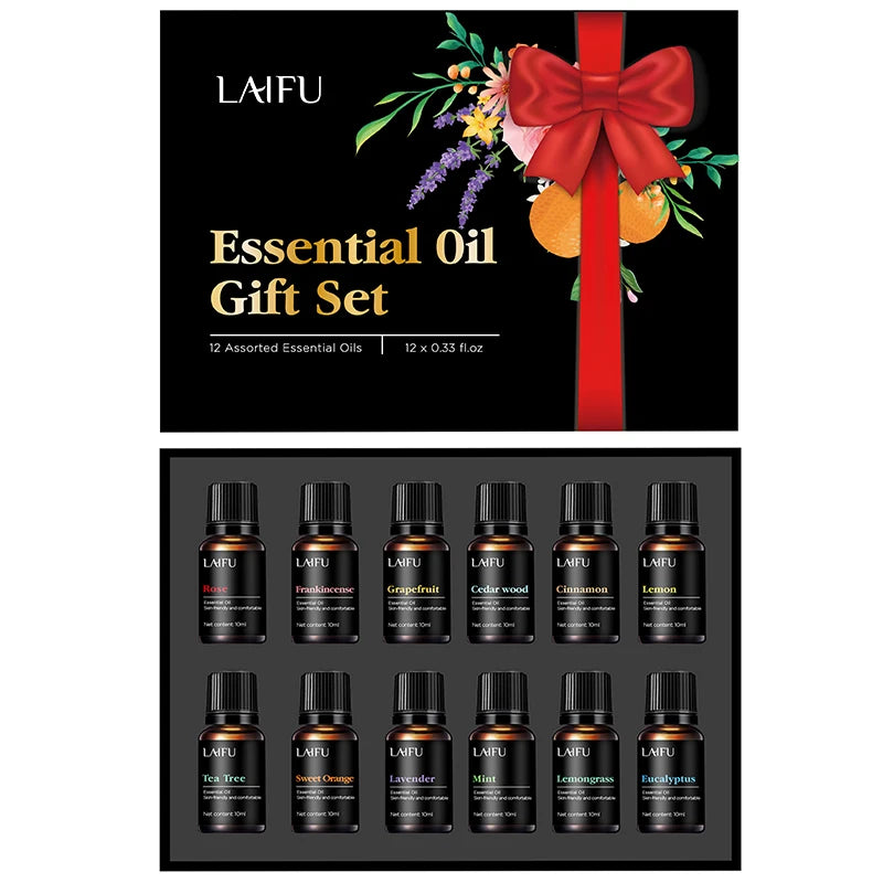 LAIFU essential oil gift set box and tray showing all twelve 10ml bottles laid out.