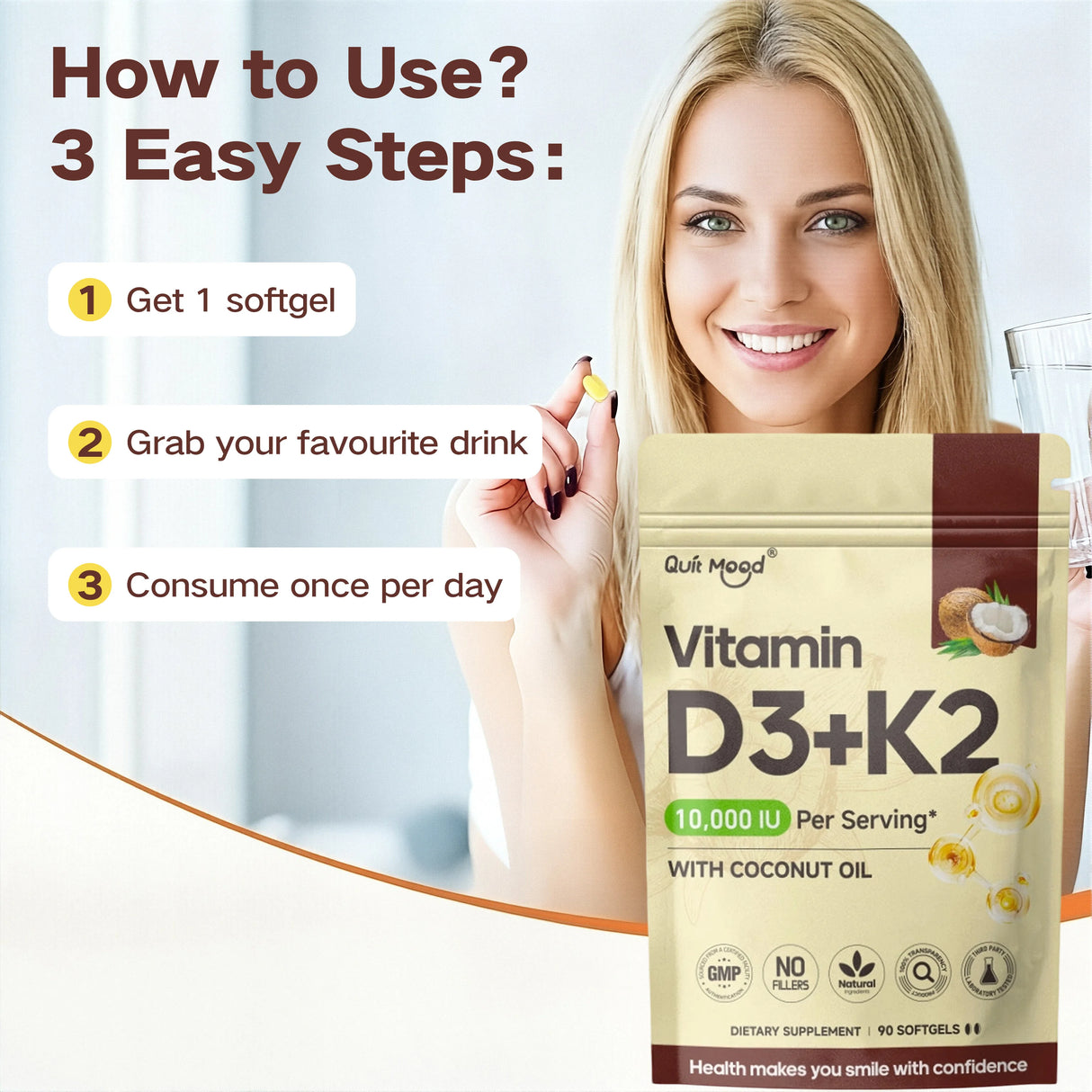 Vitamin D3K2 softgel capsule supplement for daily calcium absorption support and nutritional care.