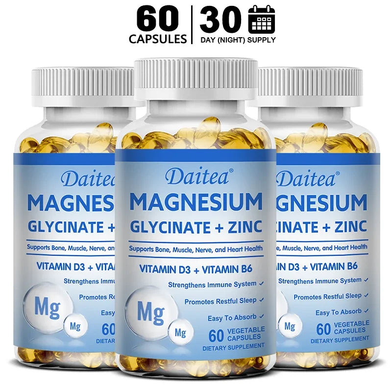 Daitea Magnesium Glycinate + Zinc capsules bottle for daily wellness supplementation, helping support relaxation, mineral nourishment, and immune care.