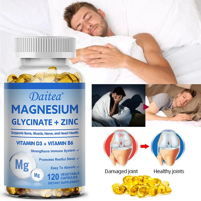 Daitea Magnesium Glycinate + Zinc Capsules supplement for bone strength, heart health, and daily mineral intake.