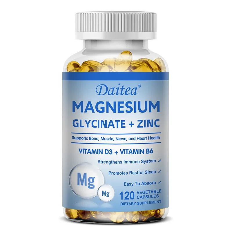 Daitea Magnesium Glycinate + Zinc capsules bottle for relaxation support, mineral wellness, and everyday immune care routines.