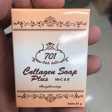 Dark Black Collagen Soap box held by hand showing product details for face and body brightening.