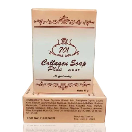 Dark Black Collagen Soap Plus packaging with Vitamin C and E brightening details on white background.