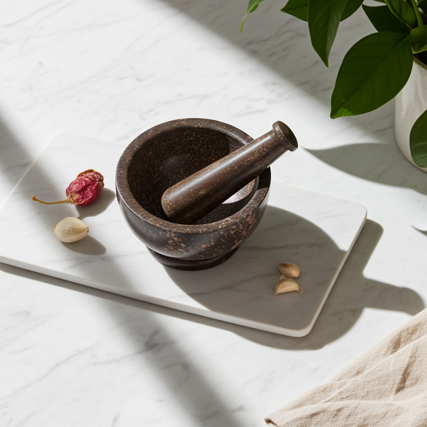 Dark Natural mortar and pestle stone grinder for crushing herbs, spices, and kitchen ingredients.