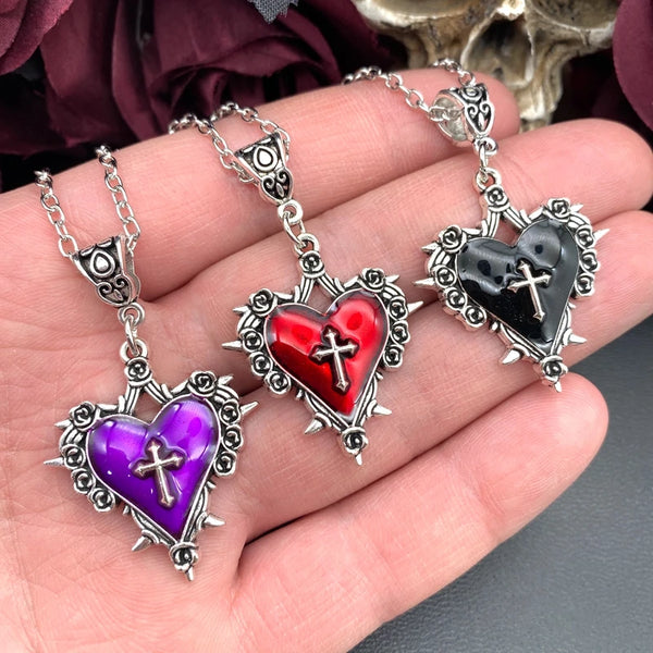 Death Cross Heart Necklace pendant necklace for gothic fashion styling, alternative wear, and everyday statement accessorizing.