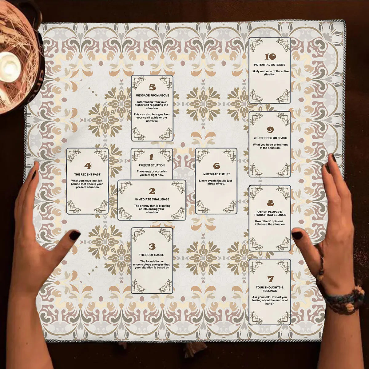 Decorative Celtic Cross Tarot altar cloth for tarot spreads, ritual table covering, and spiritual decor.