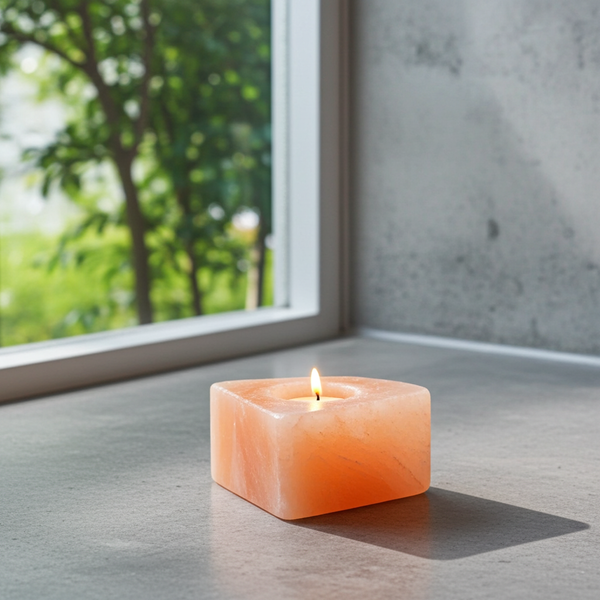 Himalayan Salt Tealight Candle Holder stone candle holder for warm ambient lighting, relaxation, and home decor use.
